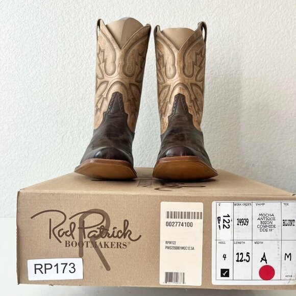 Rod Patrick Mens Cowboy Boots 12.5A Antique Mocha Bison Brown Western Blunt Toe - Picture 11 of 13